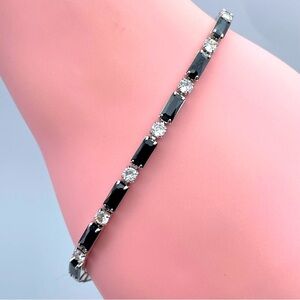 Black & Clear Crystal Tennis Bracelet – Silver-Tone – 7” Elegant Evening Jewelry